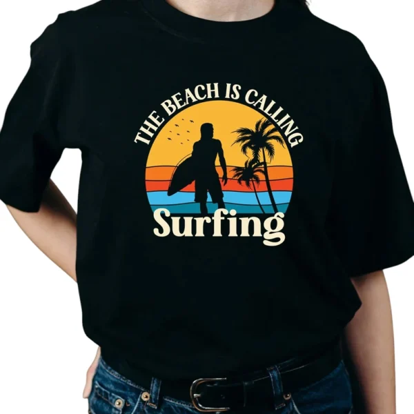 The Beach Is Calling Surfing TShirt - Black